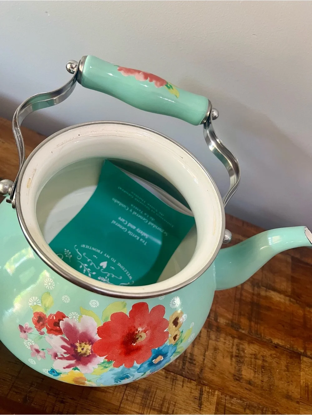The Pioneer Woman Mint Floral Enamel Teapot with Colorful Bouquet